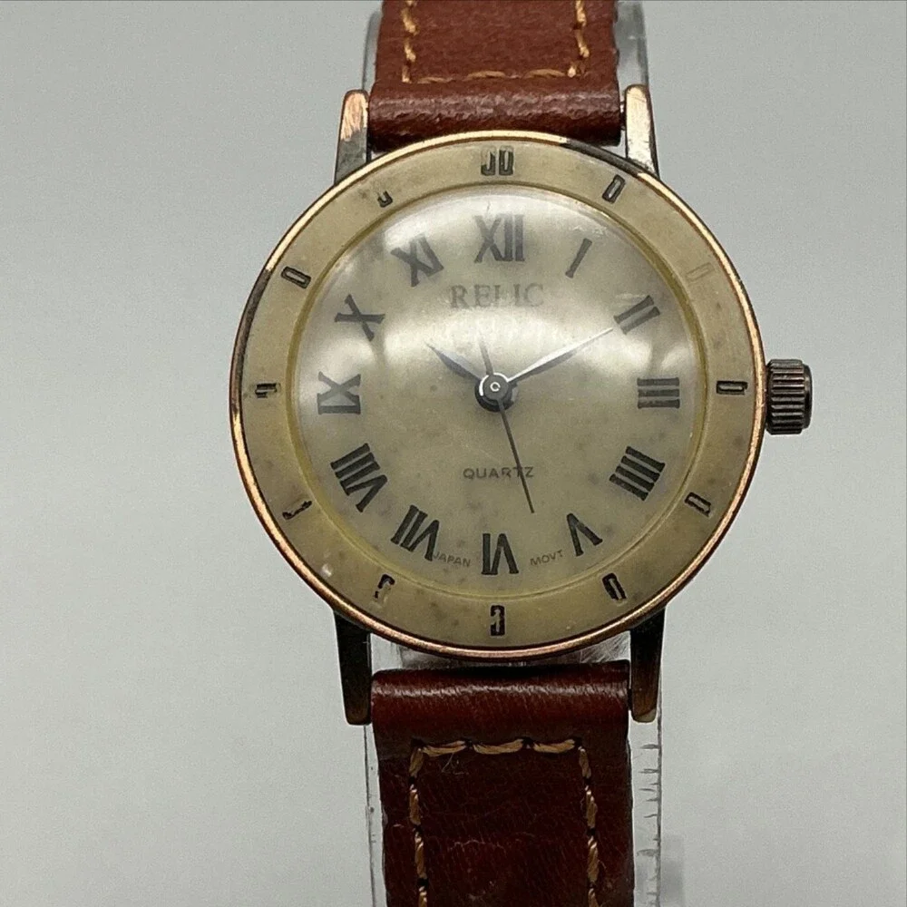 Relic Womens Watch 25mm Gray Dial Gold Tone Brown Braided Leather New Battery